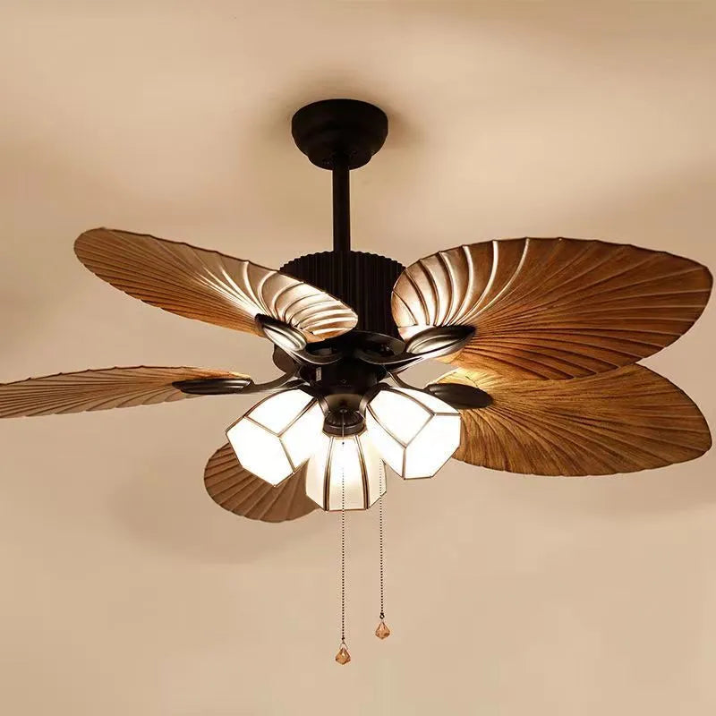 Retro-style brown and copper ceiling fan light with wooden blades and integrated lights.