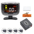 Wireless car reversing sensor kit with main unit, four probes, LED display, and installation tools.