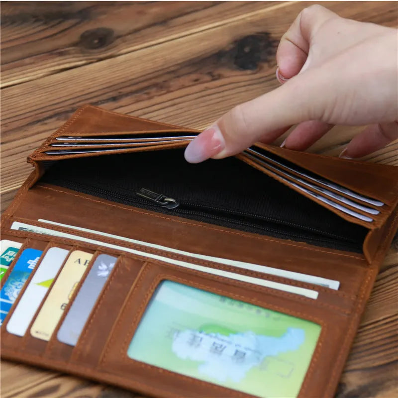 Pure first layer cowhide retro wallet in dark brown with 10 card slots and zip pocket