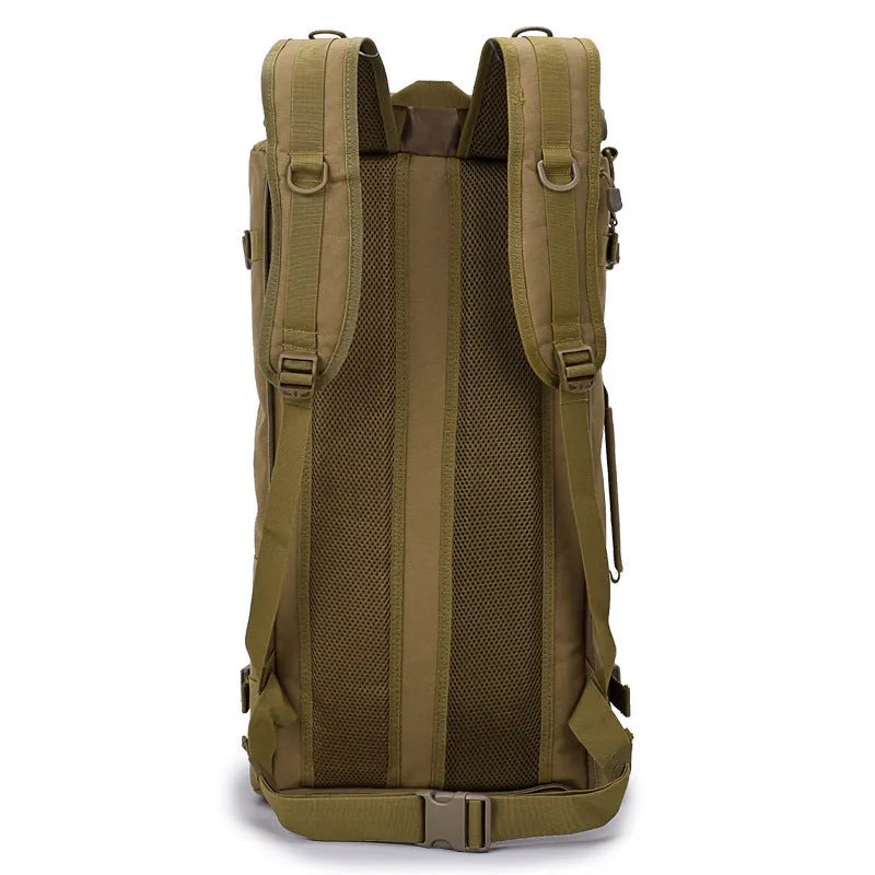 60 litre camouflage tactical backpack made from waterproof nylon with double shoulder straps, outdoor use.