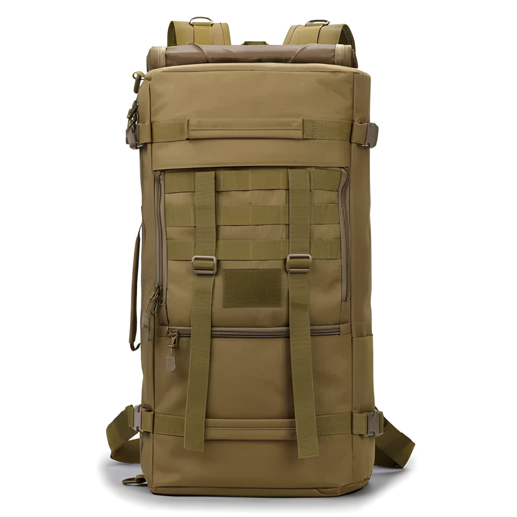 60 litre camouflage tactical backpack made from waterproof nylon with double shoulder straps, outdoor use.