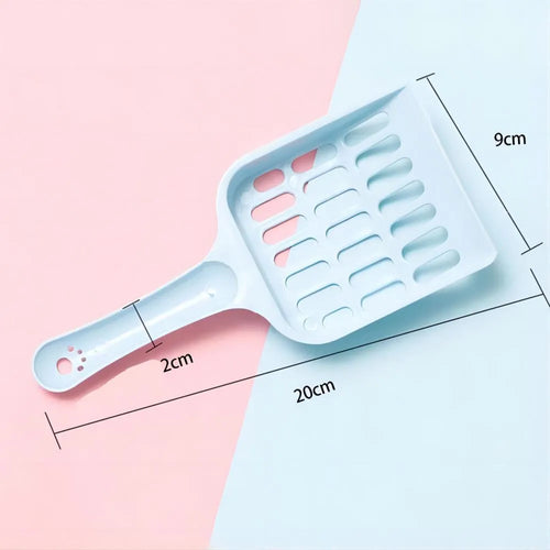 Plastic cat litter scoop in blue, green, or pink colours showing 20cm length