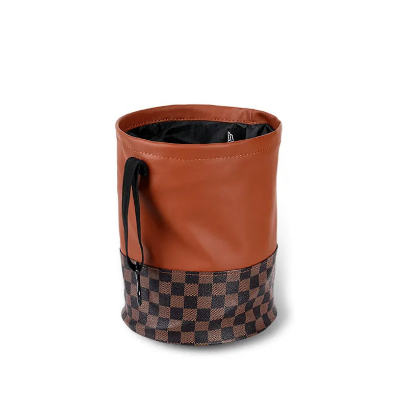 Leather retractable car trash can shown in folded and open states, with handle and waterproof construction.