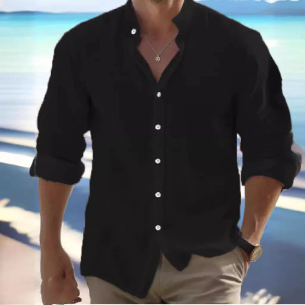 Men's casual long-staple cotton button-up summer shirt on a hanger.