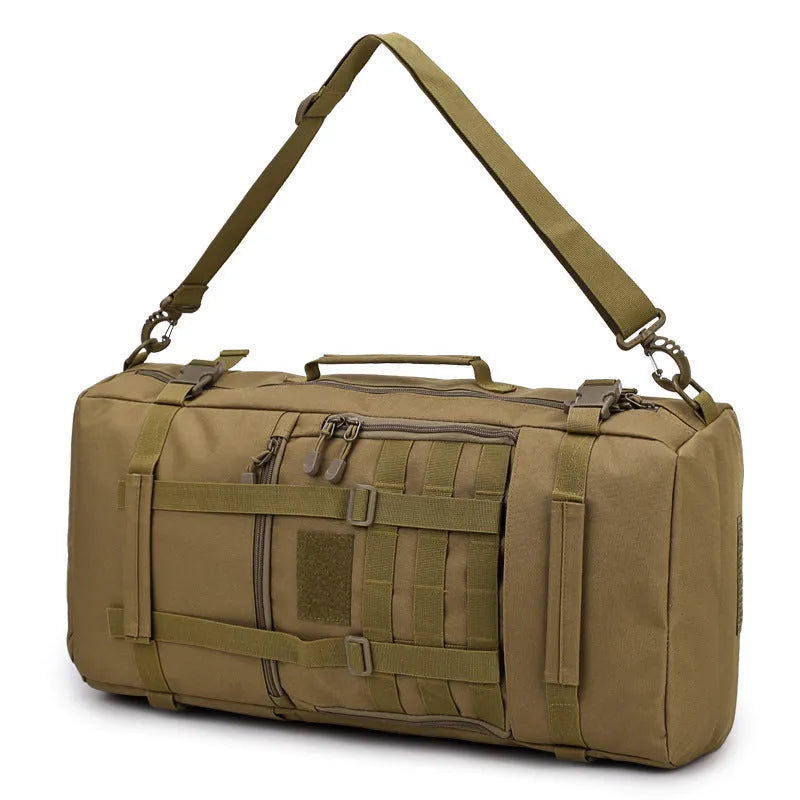 60 litre camouflage tactical backpack made from waterproof nylon with double shoulder straps, outdoor use.