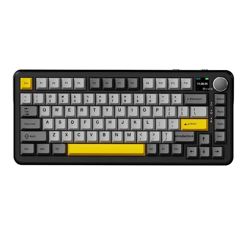 Black, grey, and yellow wireless mechanical keyboard with compact 75% layout and hot-swappable switches