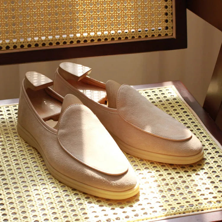 Men's brown genuine leather LP flat loafers with a low cuff, shown on a white background.