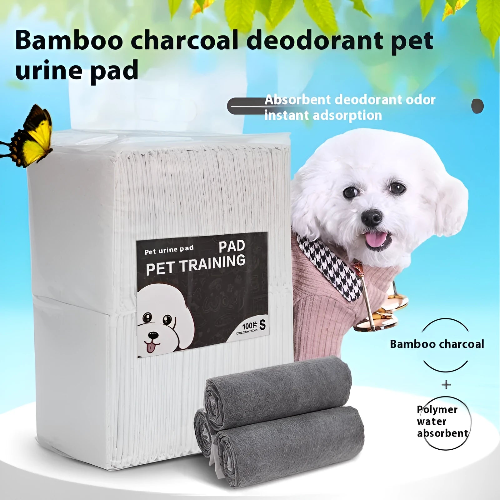Pack of white pet urinal pads with blue trim, shown alongside a tape measure indicating the 45x60cm M size dimensions.