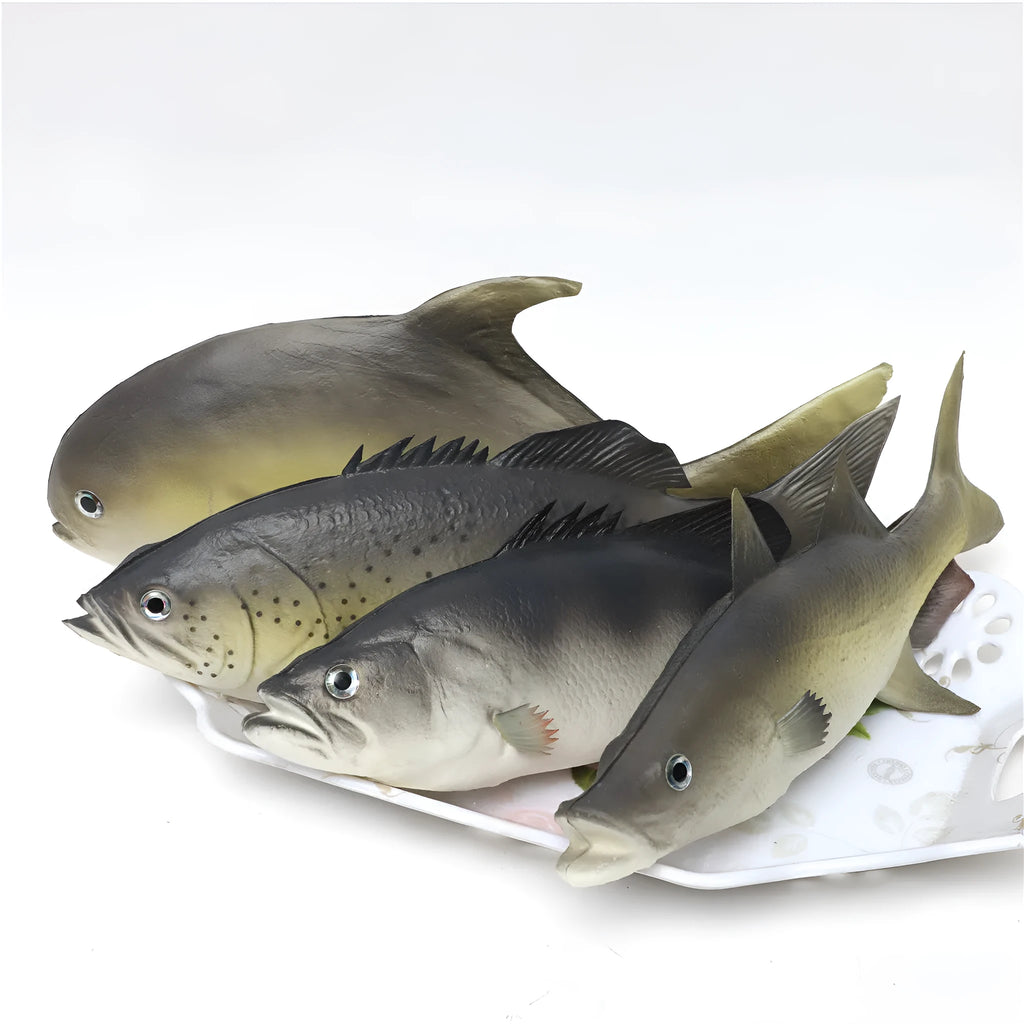 PU simulated fish ocean animal model toys showing yellow-fin tuna, yellow fin tuna, and small tuna realistic replicas