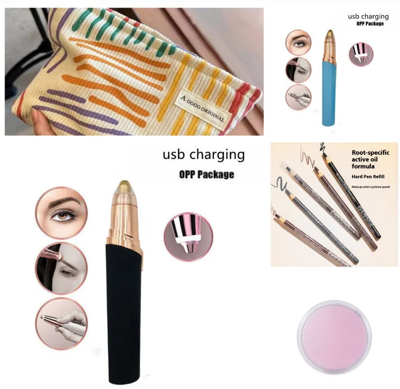 Eyebrow epilator pen with gold plated head and LED light on pink background