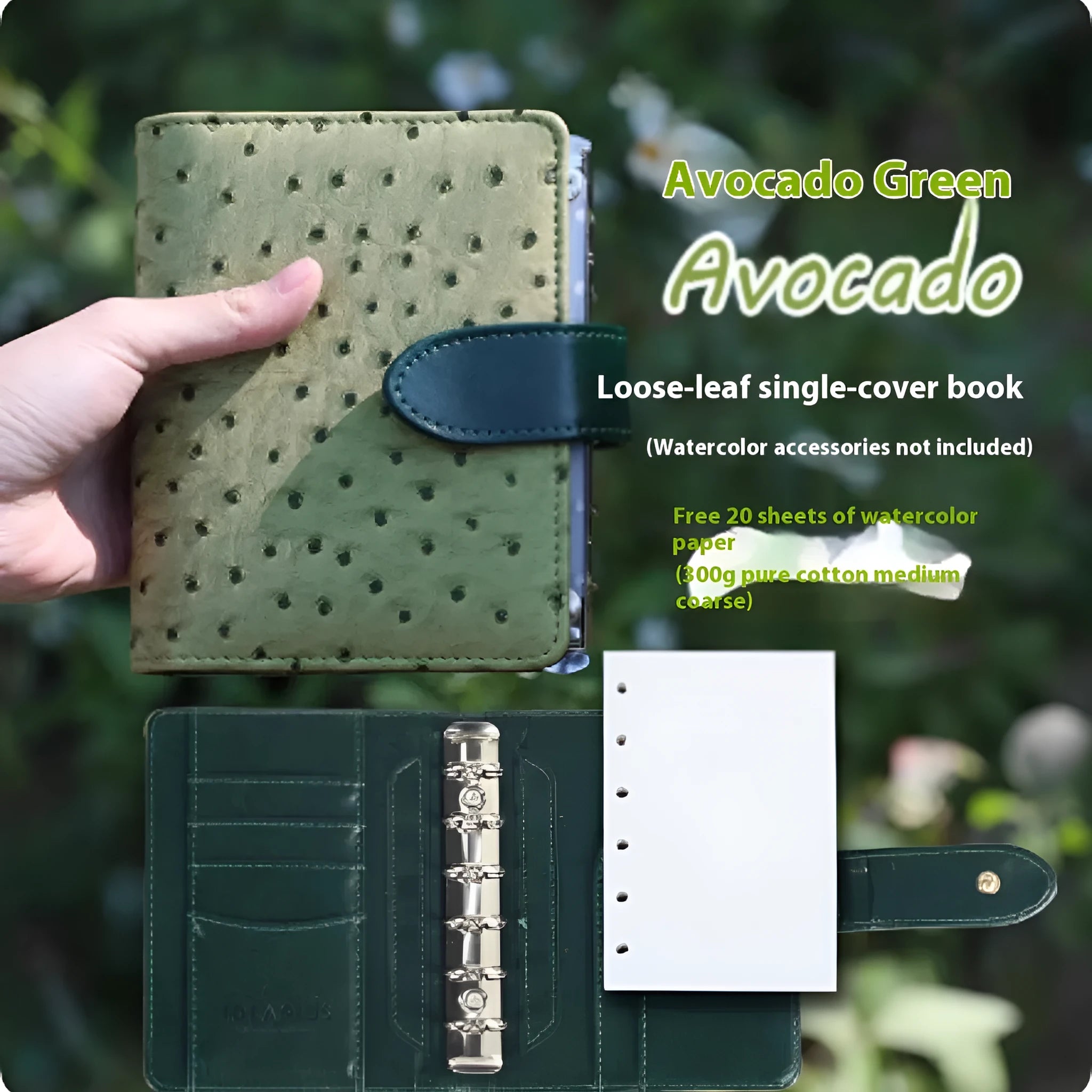A7 size loose-leaf watercolour notebook in multiple colours, open to show 160gsm paper pages.