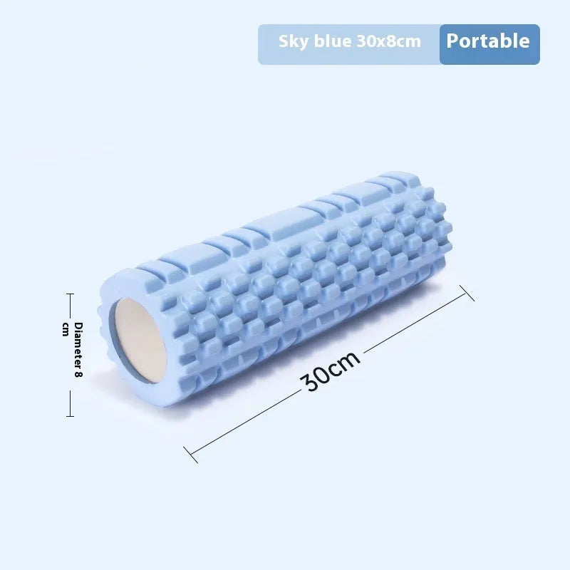 EVA foam roller for fitness in black, grey, pink, sky blue, or light purple, showing 30cm and 33cm size options.