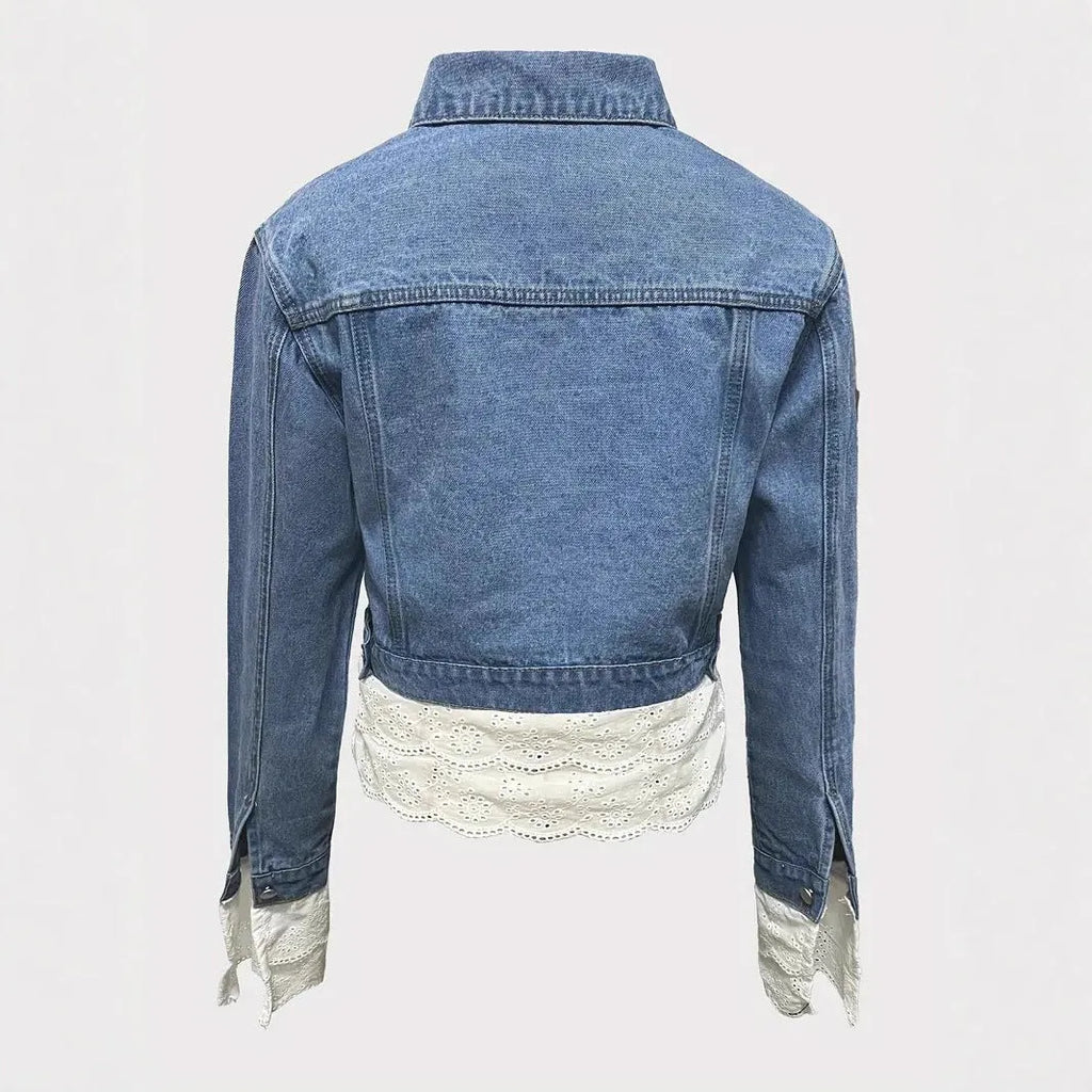 Blue lace stitching denim jacket for women with long sleeves and cotton composition