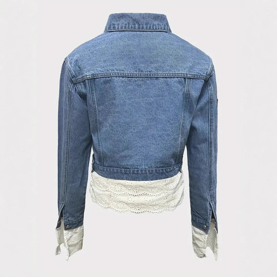 Blue lace stitching denim jacket for women with long sleeves and cotton composition
