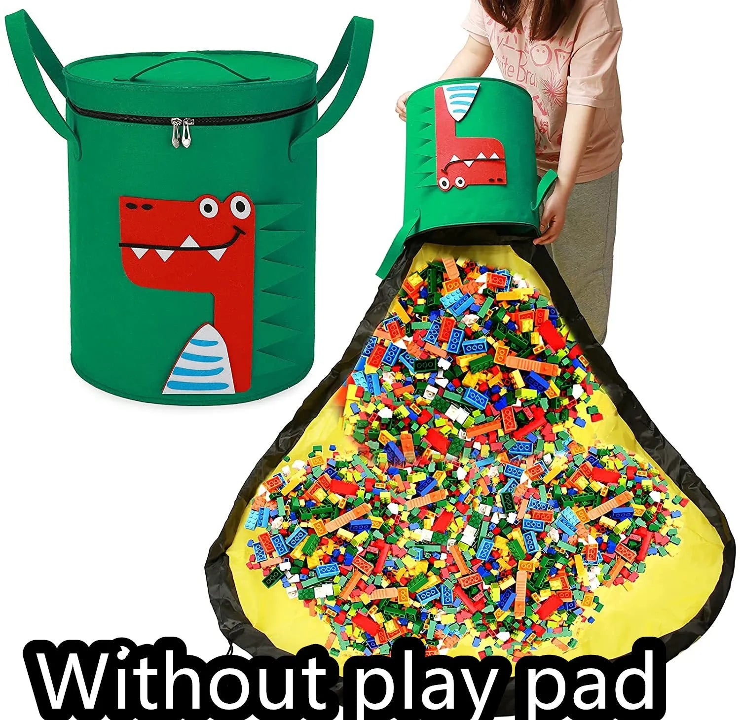 Green felt storage bag converted into a toy play mat with pull rope closure