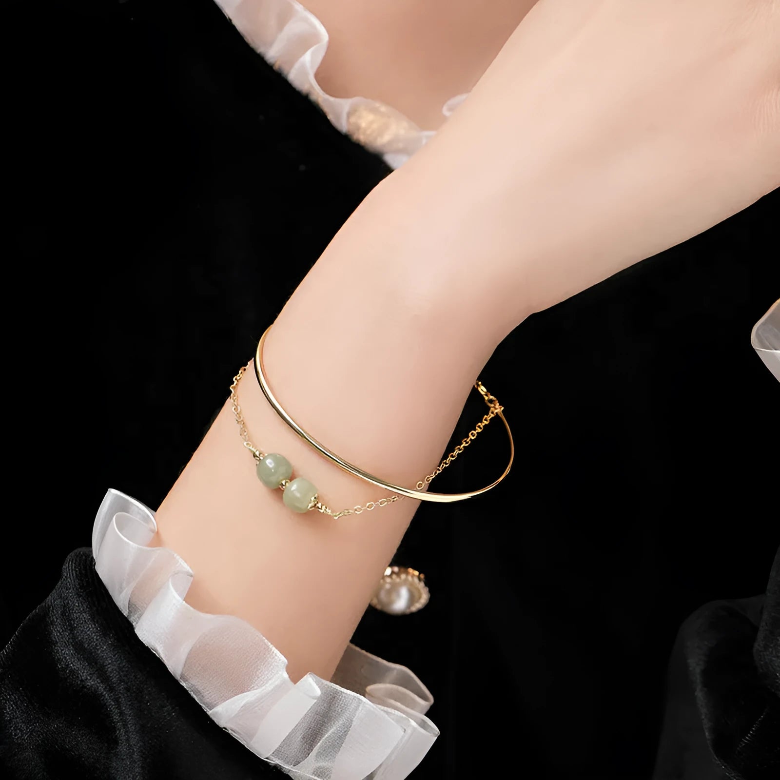 Women's Hetian jade lucky beads bracelet with gold inlay, shown in single, double, and three beads versions.