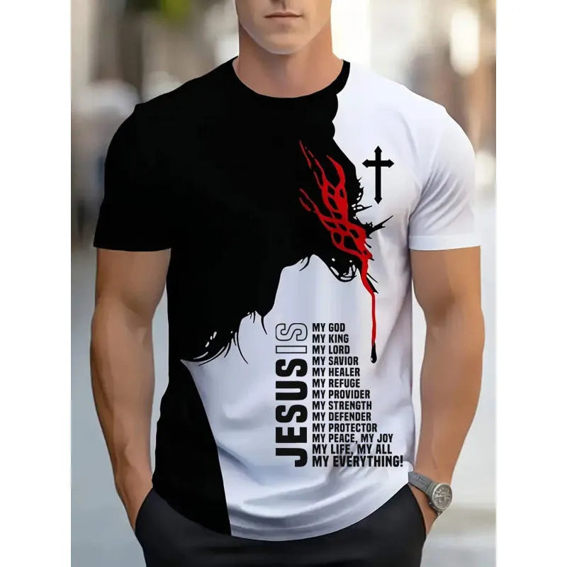 Men's striped short-sleeved t-shirt with digital 3D printing in loose fit polyester