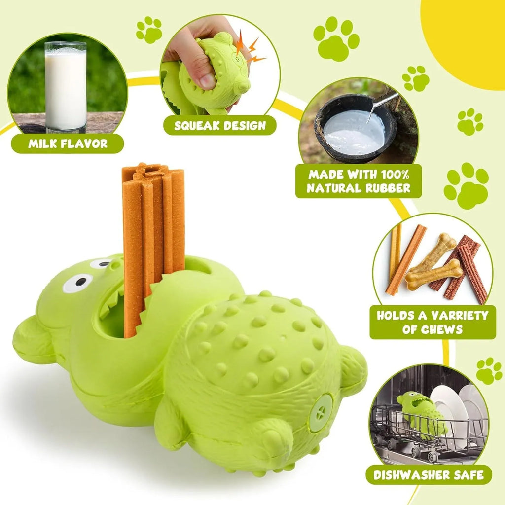 Green and yellow natural rubber squeaky dog toy for aggressive chewers on a white background