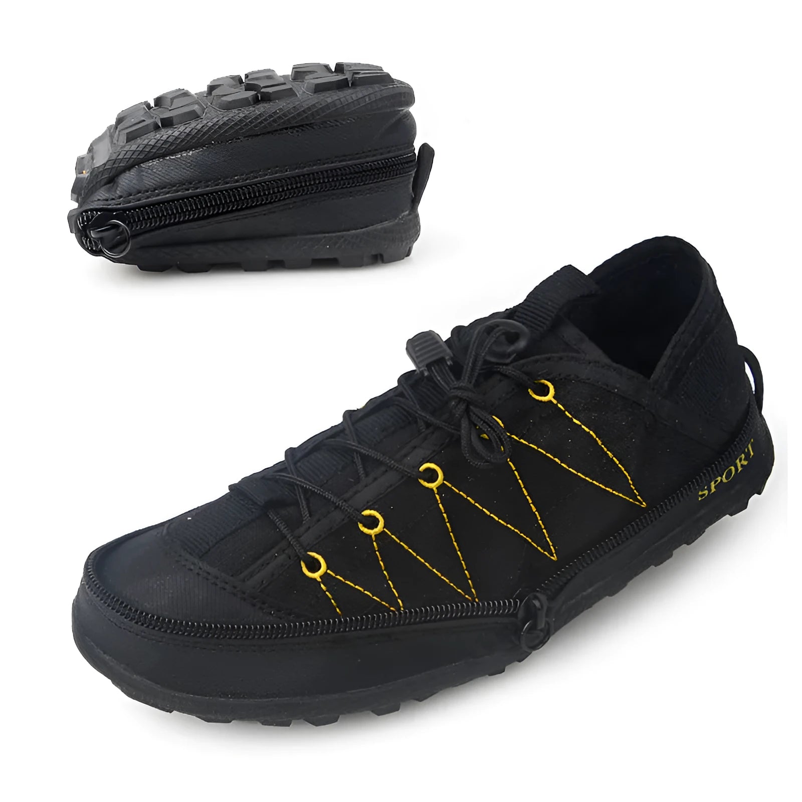 Portable folding outdoor hiking camp travel shoes in orange colour with mesh upper and side zipper
