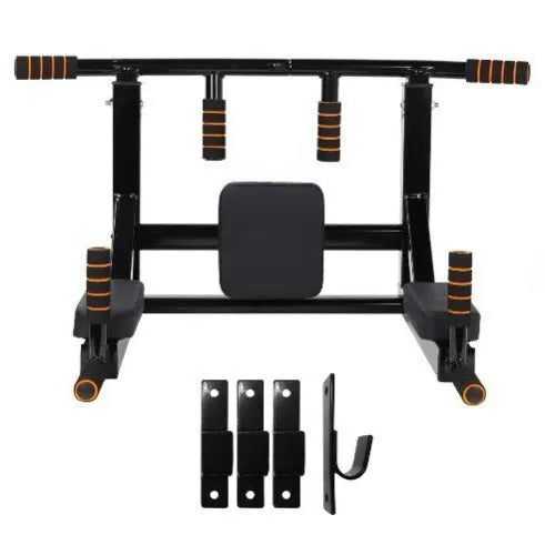 Black wall-mounted sandbag rack with integrated parallel pull-up bars for fitness training