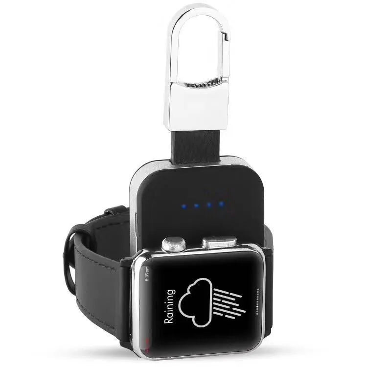 Black keychain-sized portable power bank for wireless Apple Watch charging