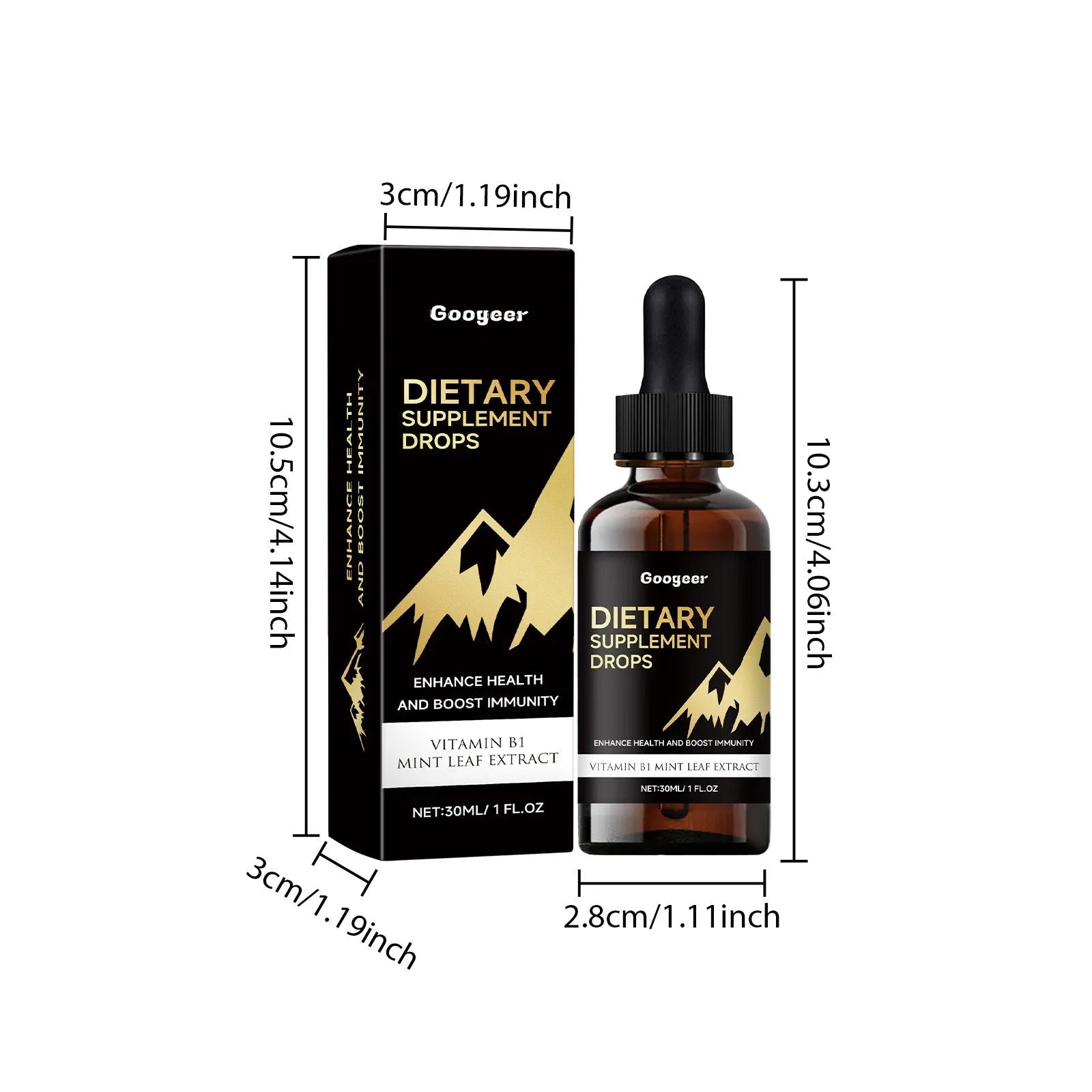 60ml glass bottle of clear dietary supplement drops with a black dropper top