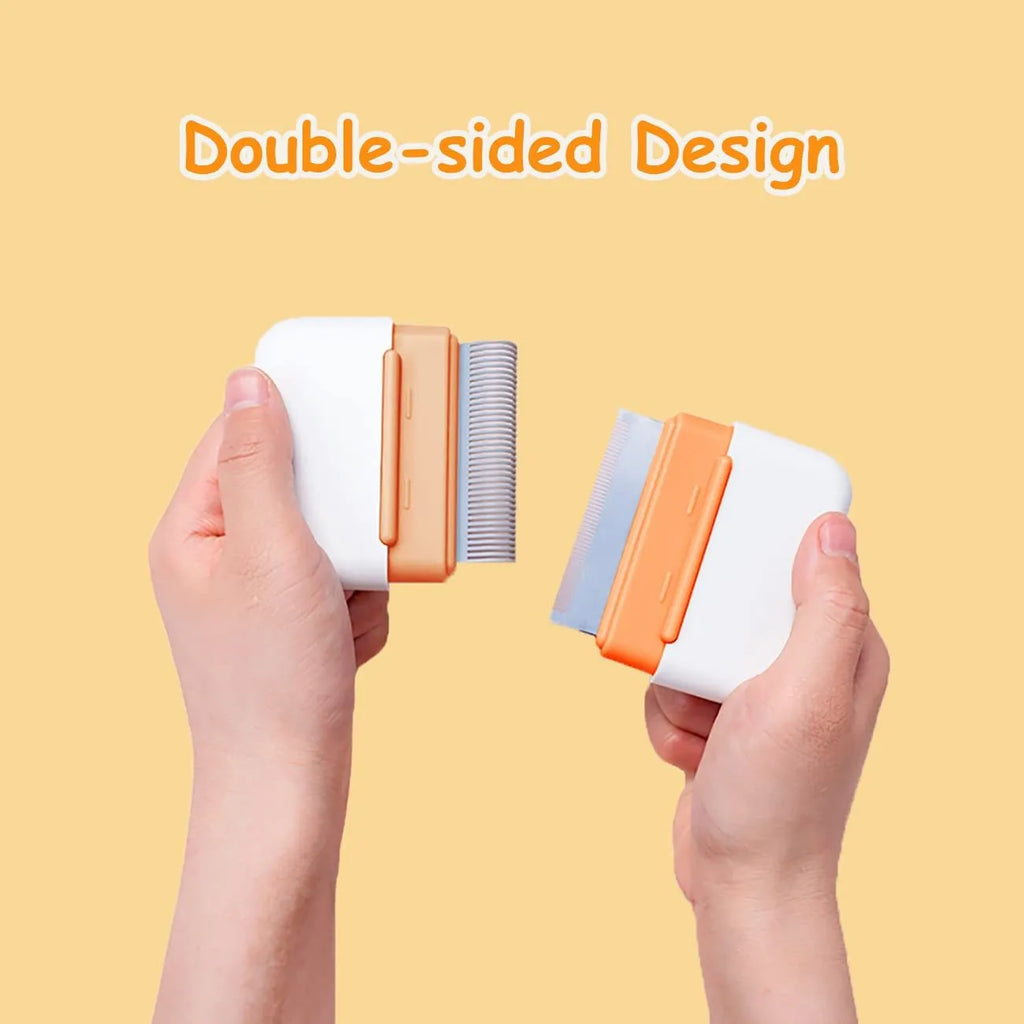 Double-sided pet grooming comb showing stainless steel teeth and massage sides
