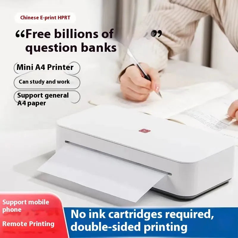 Small intelligent thermal printer with plastic housing, ribbon cartridge, and paper pack for remote learning and home printing.