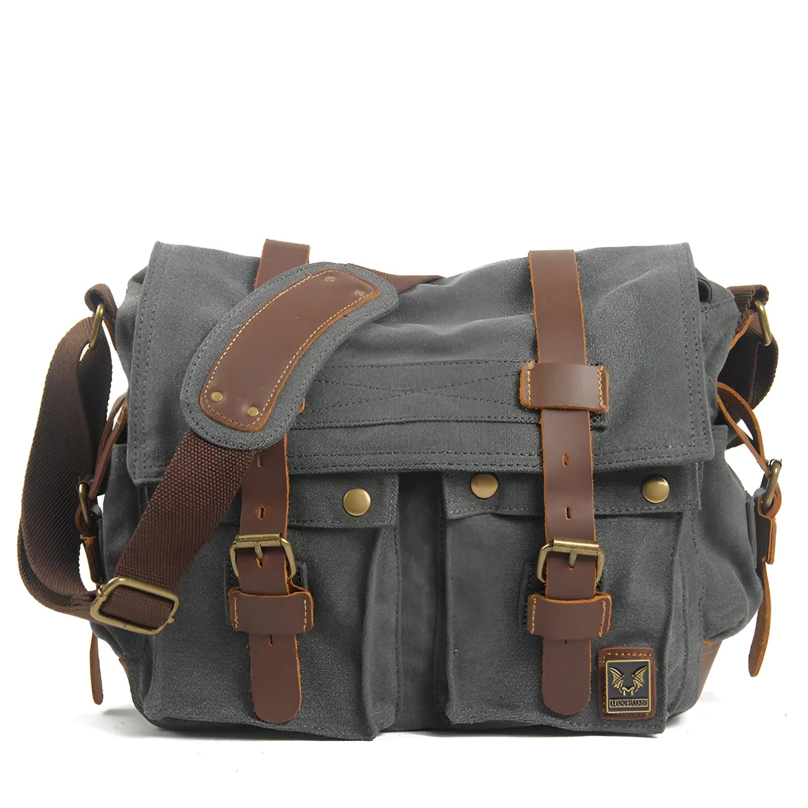 Men's army green canvas crossbody shoulder bag with a brown leather flap and single strap.