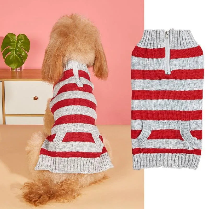 Grey acrylic dog sweater with horizontal blue zipper and button pocket for small medium dogs