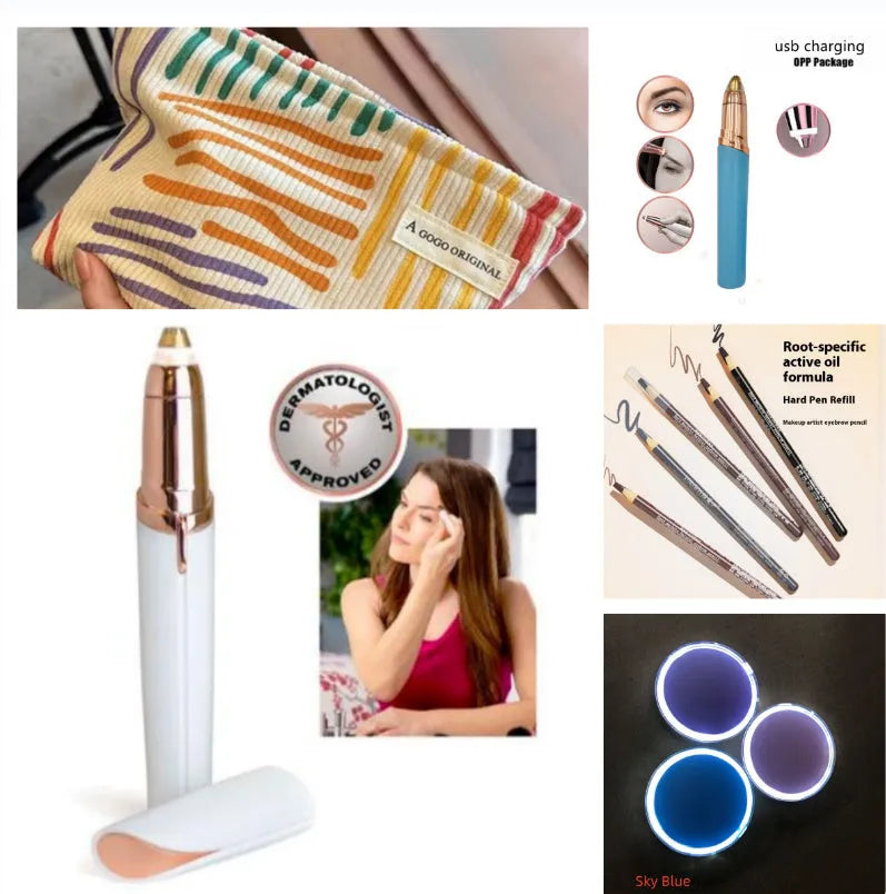 Eyebrow epilator pen with gold plated head and LED light on pink background