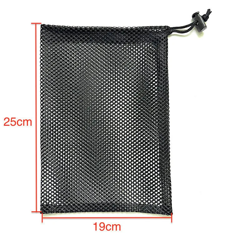Black mesh drawstring storage bag with open bottom for toy organisation