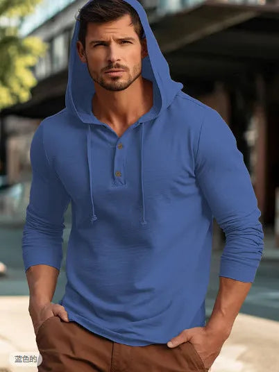 Men's cotton hooded sweatshirt in dark blue with pullover design and long sleeves