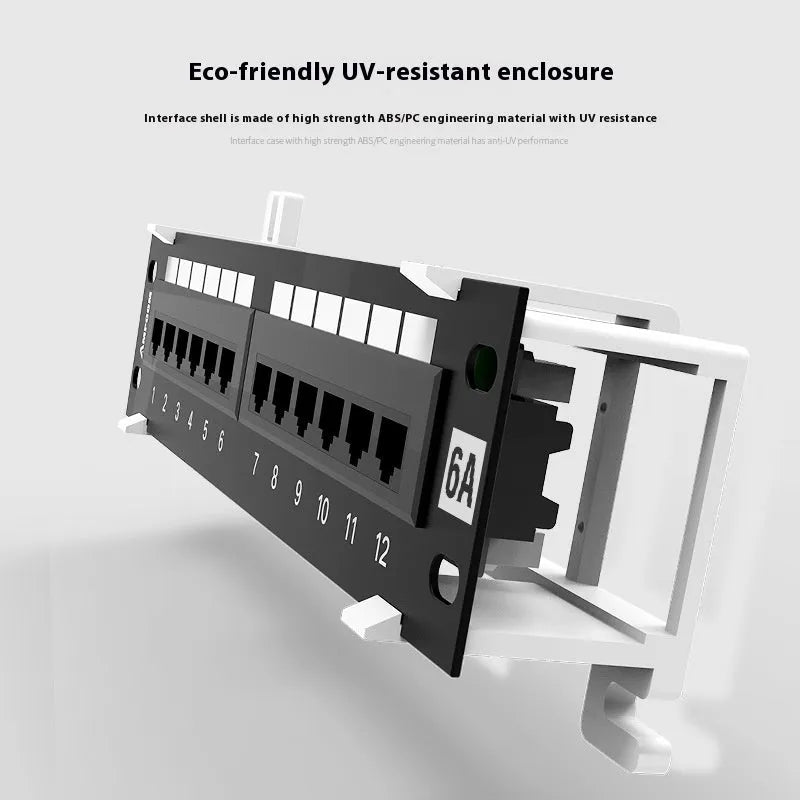 Black 12-port network distribution frame with wall mount bracket