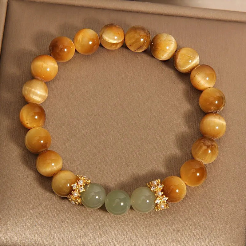 Natural yellow Tiger's Eye and Hetian jade U-shaped bracelet with auspicious patterns