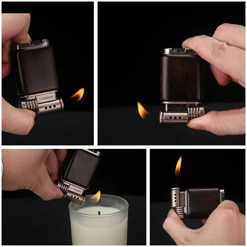 Gas lighter with wooden decorative surfaces including Black Wood and Rosewood designs