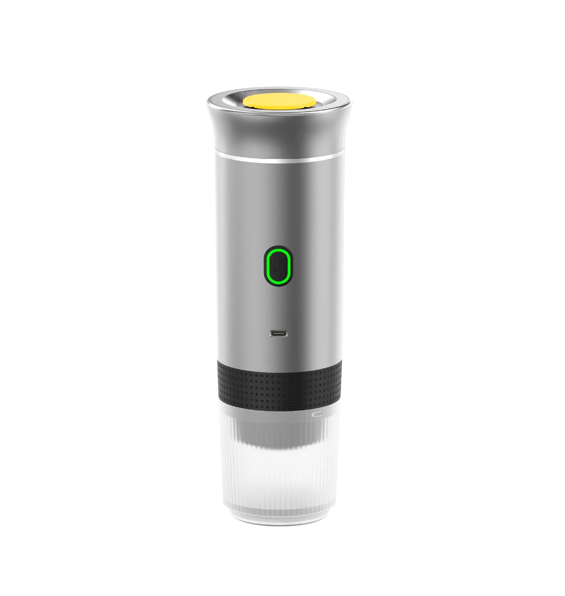 3-in-1 portable espresso maker in white with USB charging cable and ground coffee capsule compartments