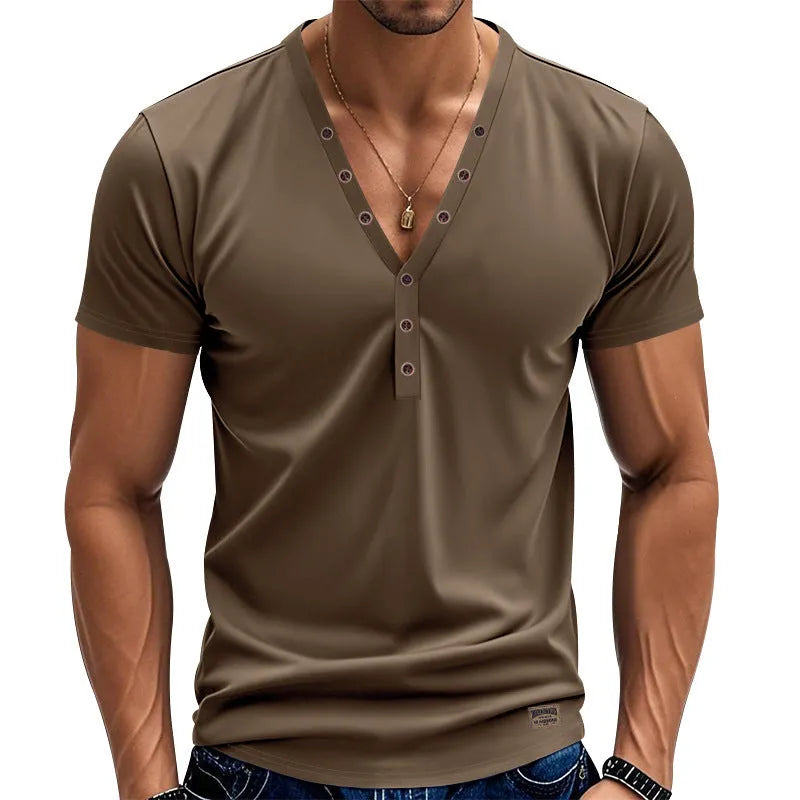 Men's loose fit V-neck sports top with button detailing in chemical fibre blend fabric