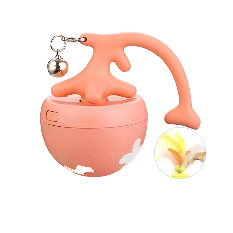 USB electric cat teasing ball with fish bone design and separate feather wand attachment in blue, pink, or yellow