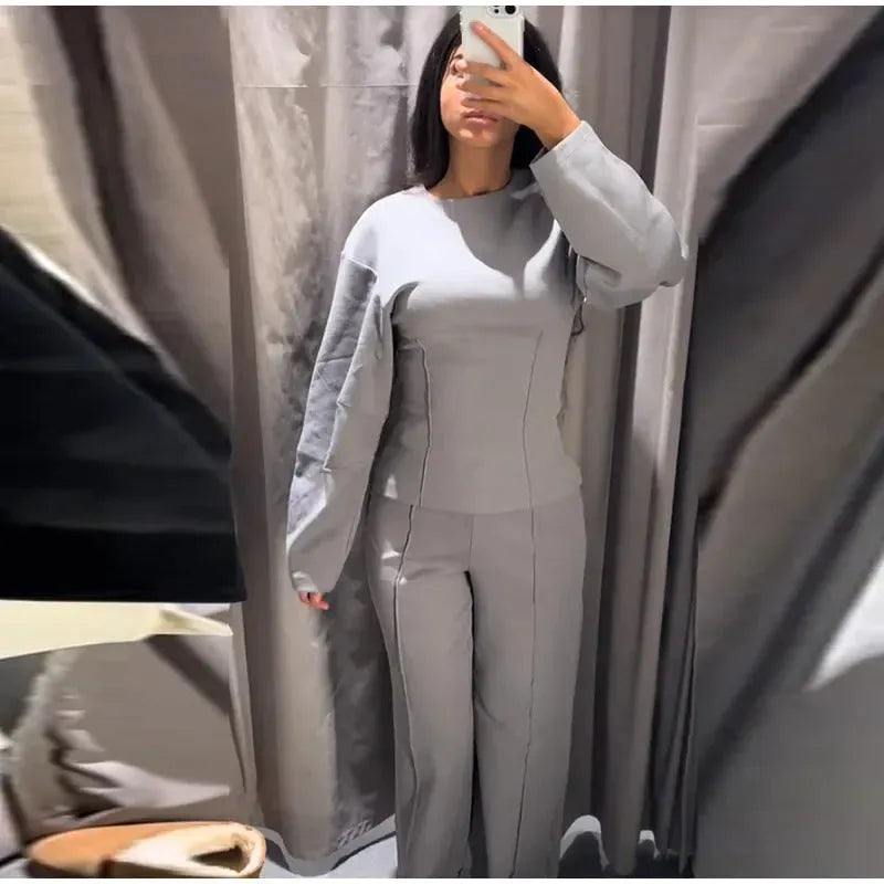 Women's polar fleece suit set with pleated long sleeve top and wide leg trousers in multiple colour options