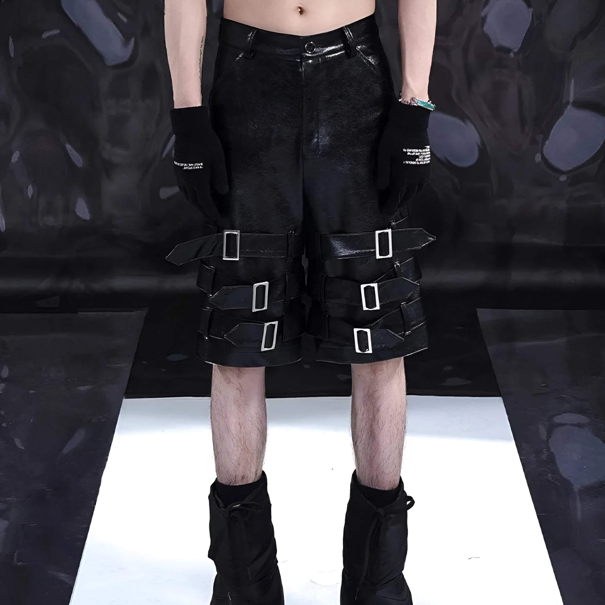 Men's black PU leather ring casual cropped shorts made from polycarbaminate fibre spandex.