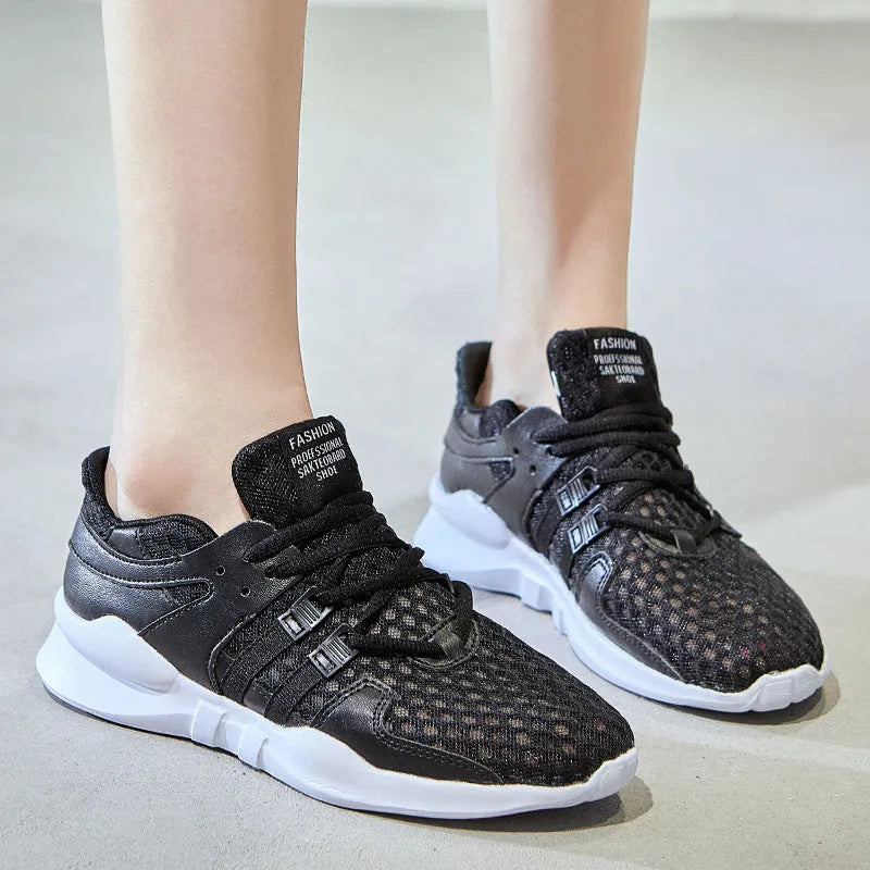 Low-top breathable mesh sneaker with hollow design in various colours on a white background.