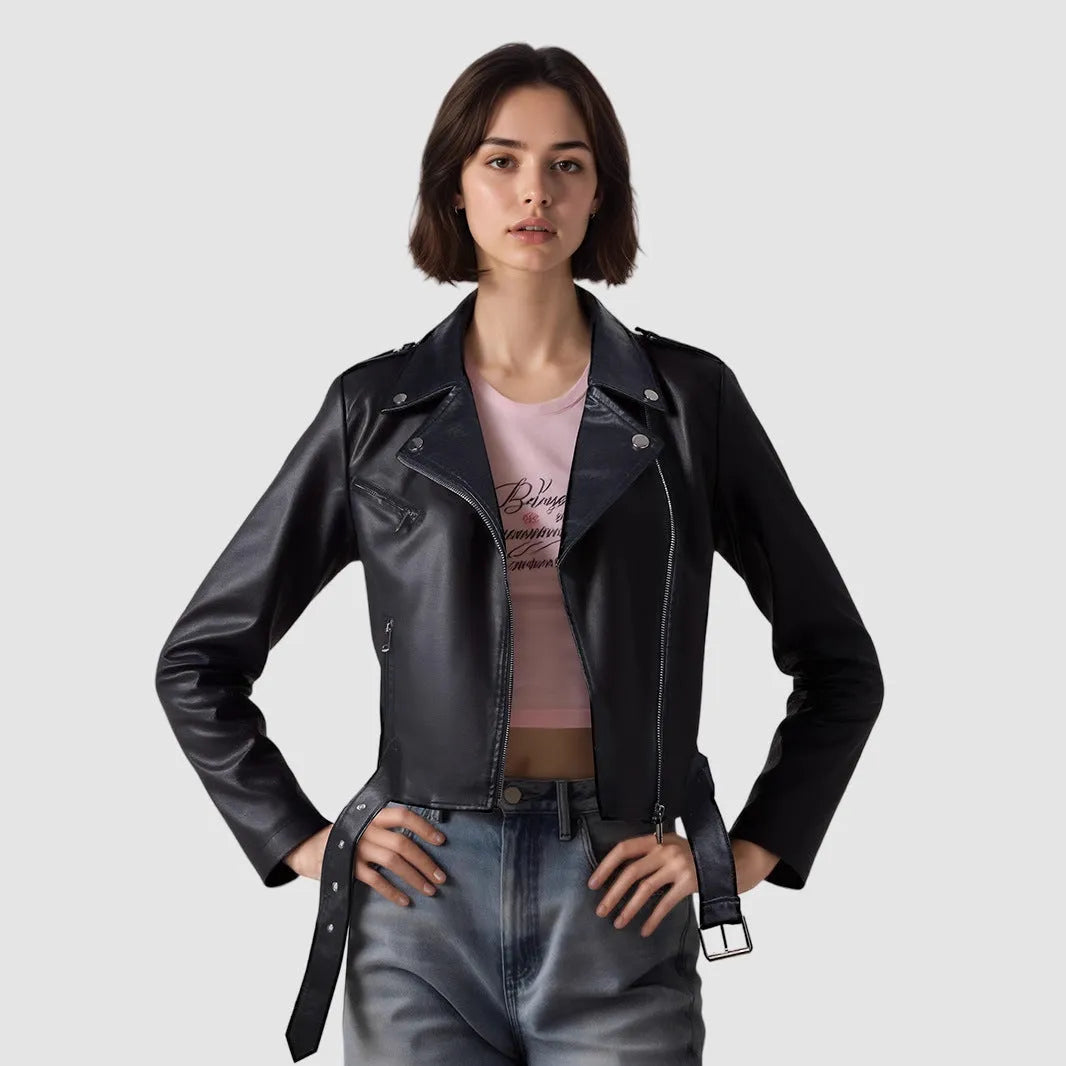 Red women's PU leather motorcycle jacket with a silver lapel short belt fastened at the waist.