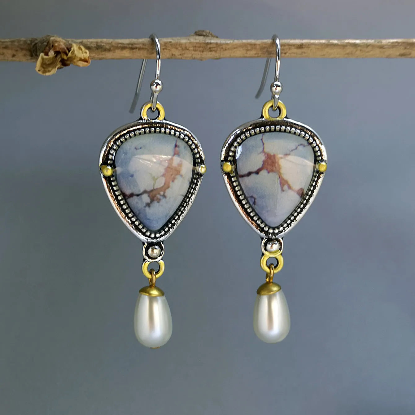 Retro blue Bohemian drop earrings with synthetic opal and pearl accents, 49mm length