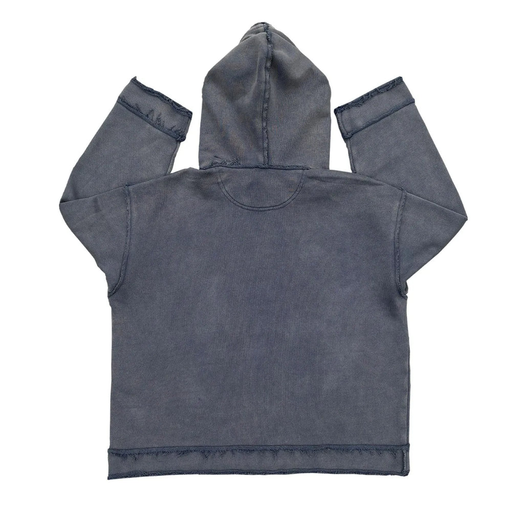 Dark blue men's hoodie with Sun Also Rises design printed across back, zip-up front with hood