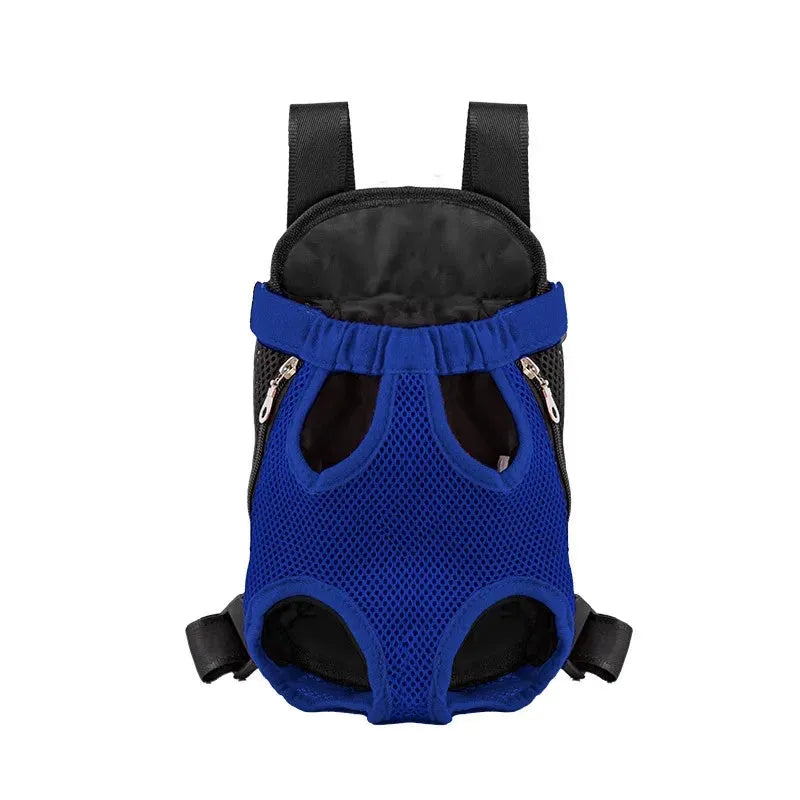 A person wearing a black breathable dog carrier backpack with a small dog inside, showing the open-top design and mesh panels.