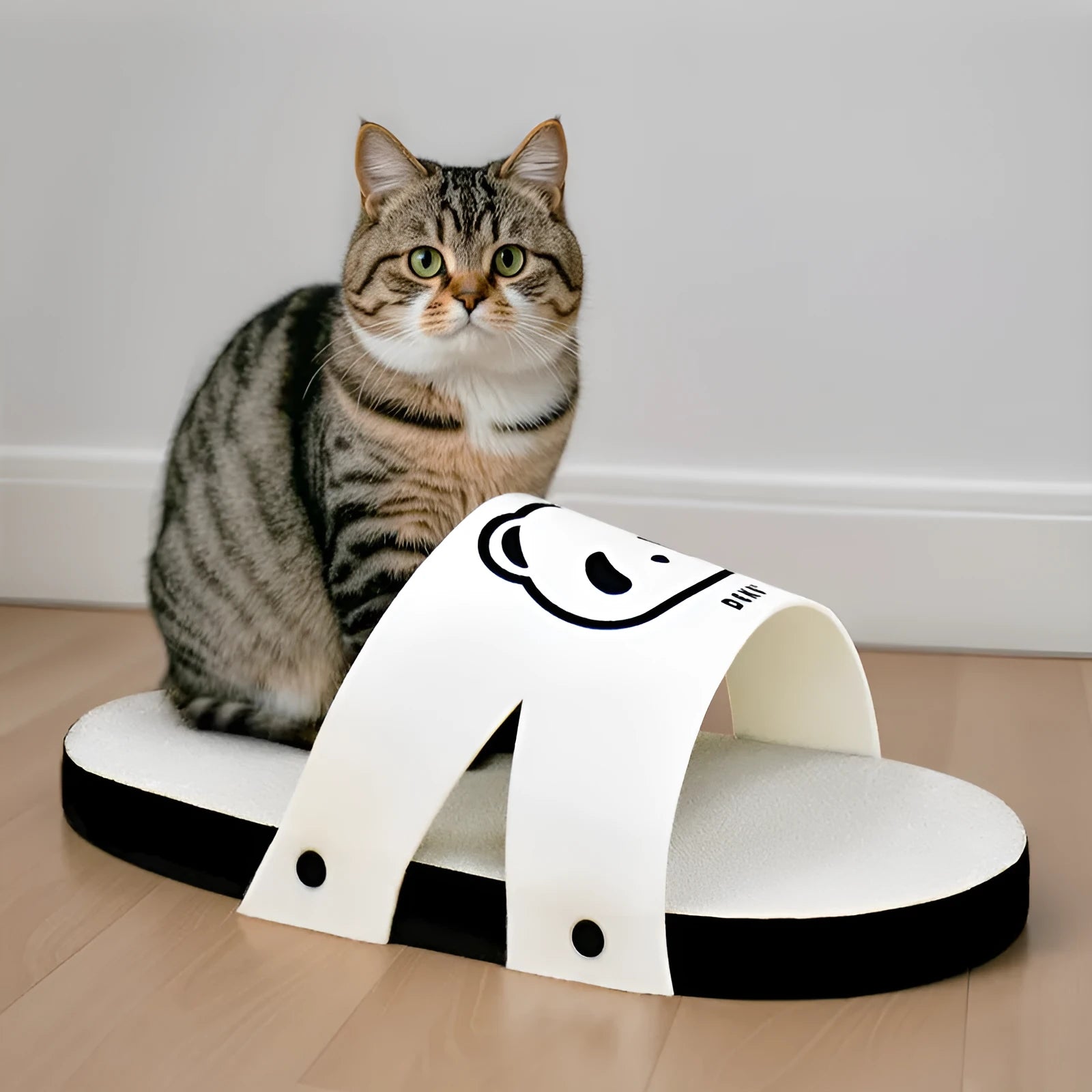 White slipper-style corrugated paper cat scratch board on floor