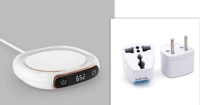 USB coffee mug warmer coaster in white on a desk, with a mug of coffee on top, 130x110x23mm, 10W constant temperature heating pad