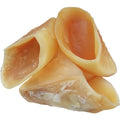 Natural cowhide dog grinding chew toy with a hoof shell, shown in two sizes for small and large dogs.