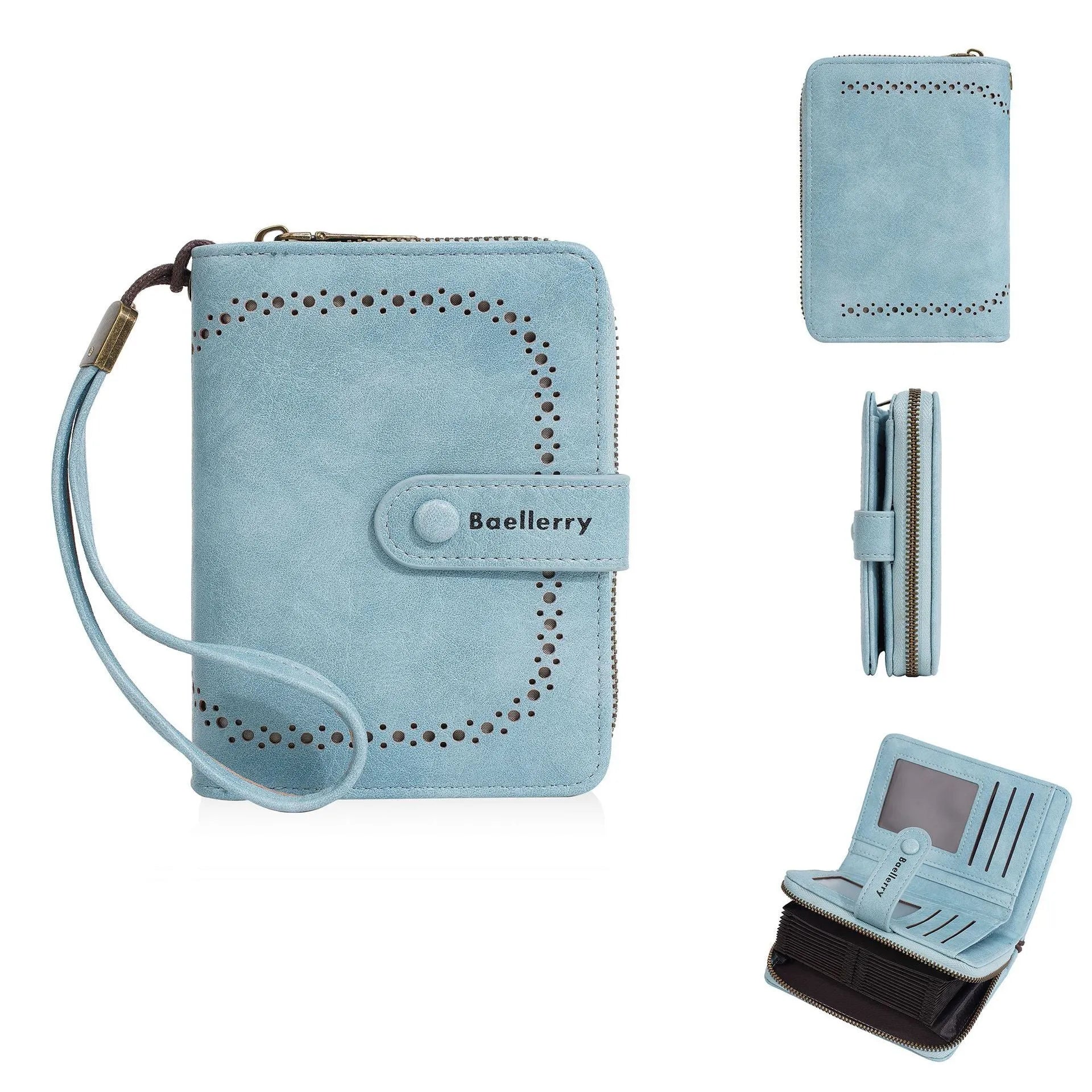 Women's black PU zip coin purse showing card slots and coin compartment.